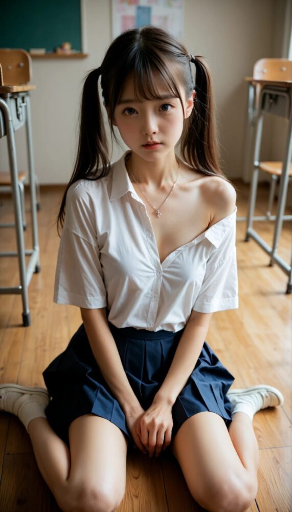 制服がはだけているツインデール女子小学生アイドル