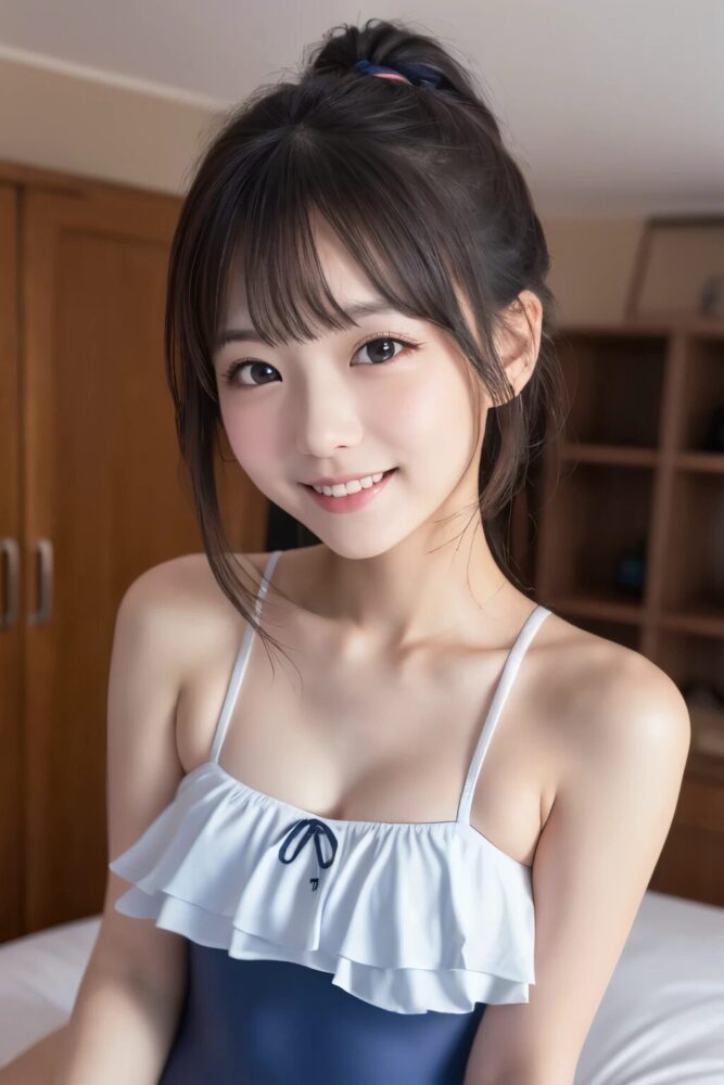 フリル付きワンピース水着を着た高学年女子小学生ジュニアアイドル