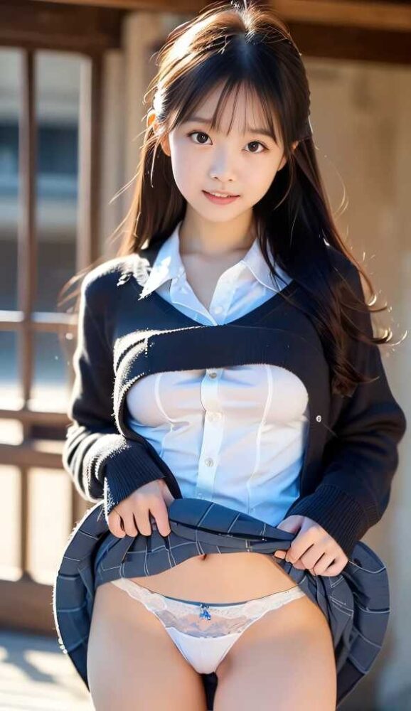 制服のスカートをたくし上げる女子高生ジュニアアイドル